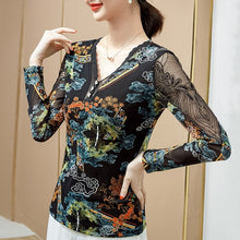 Load image into Gallery viewer, New Arrivals 2021 Autumn Long Sleeve Women&amp;#39;s T-Shirt Fashion Sexy V-Neck Mesh Tops Plus Size M-4XL Print Women Clothing