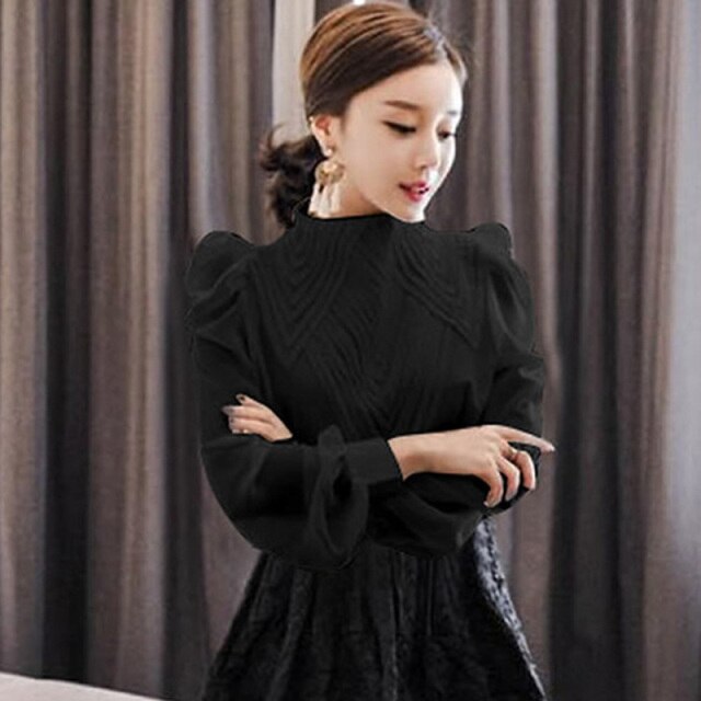 New Autumn Korean Style Chiffon Shirt Chic Elegant Multi-layer Pleated Stand Collar Blouses Women Puff Sleeve Sunscreen Top