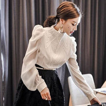 Load image into Gallery viewer, New Autumn Korean Style Chiffon Shirt Chic Elegant Multi-layer Pleated Stand Collar Blouses Women Puff Sleeve Sunscreen Top