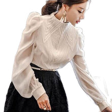 Load image into Gallery viewer, New Autumn Korean Style Chiffon Shirt Chic Elegant Multi-layer Pleated Stand Collar Blouses Women Puff Sleeve Sunscreen Top