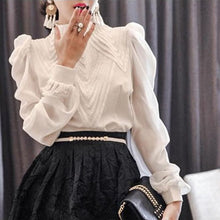 Load image into Gallery viewer, New Autumn Korean Style Chiffon Shirt Chic Elegant Multi-layer Pleated Stand Collar Blouses Women Puff Sleeve Sunscreen Top