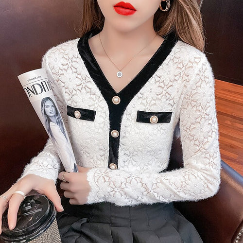 New Autumn Long Sleeve Women's T-Shirt Sexy V-Neck Hollow Out Lace Tops Elegant Slim Female Shirt