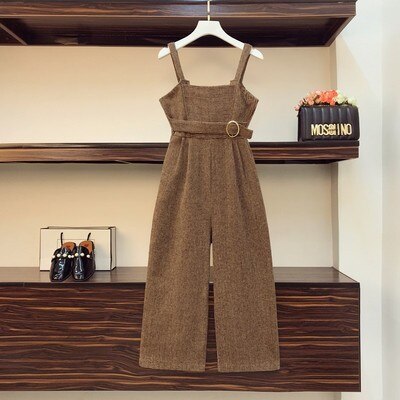 New Autumn Suits Women Loose Retro Corduroy Overalls + Knitted Round Neck Bottoming Sweater 2-Piece Sets Female