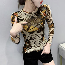 Load image into Gallery viewer, New Autumn Winter Women Tops Fashion Long Sleeve Hollow Out Hot Drilling Mesh T-Shirt Plus Size Women Clothing