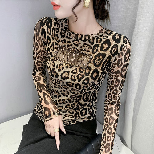 New Autumn Winter Women Tops Fashion Long Sleeve Hollow Out Hot Drilling Mesh T-Shirt Plus Size Women Clothing