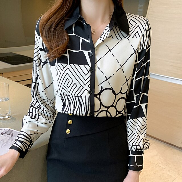 New Autumn Women Chiffon Shirt Fashion Casual Long Sleeve Printed Blouse Shirt Elegant Slim Office Lady Tops Clothing