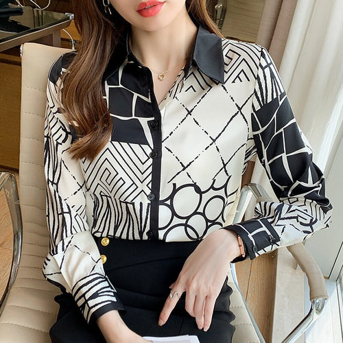 New Autumn Women Chiffon Shirt Fashion Casual Long Sleeve Printed Blouse Shirt Elegant Slim Office Lady Tops Clothing