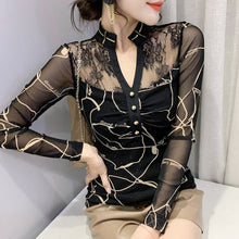 Load image into Gallery viewer, New Autumn Women&#39;s Clothing Fashion Sexy V-Neck Hollow Out Patchwork Mesh Tops Shirt Plus Size Women T-Shirt