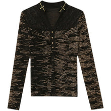 Load image into Gallery viewer, New Autumn Women&#39;s Clothing Fashion Sexy V-Neck Hollow Out Patchwork Mesh Tops Shirt Plus Size Women T-Shirt