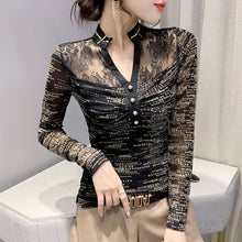 Load image into Gallery viewer, New Autumn Women&#39;s Clothing Fashion Sexy V-Neck Hollow Out Patchwork Mesh Tops Shirt Plus Size Women T-Shirt