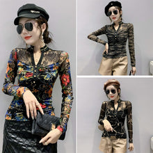 Load image into Gallery viewer, New Autumn Women&#39;s Clothing Fashion Sexy V-Neck Hollow Out Patchwork Mesh Tops Shirt Plus Size Women T-Shirt