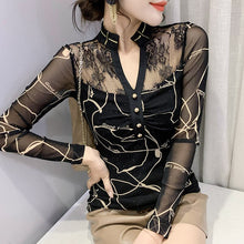 Load image into Gallery viewer, New Autumn Women&#39;s Clothing Fashion Sexy V-Neck Hollow Out Patchwork Mesh Tops Shirt Plus Size Women T-Shirt