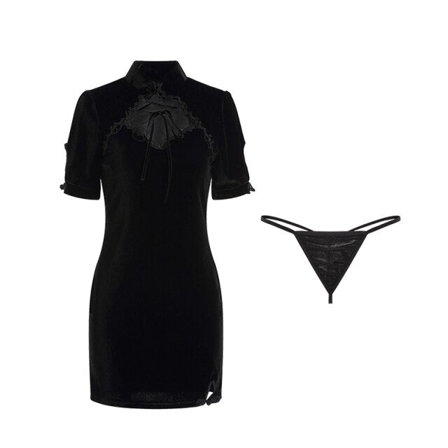 New Black Cheongsam Dress Sexy Lingerie Velvet Slim High Split Uniform Outfits Women Nightdress High Quality Sleepwear