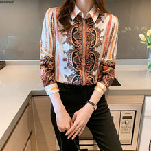 Load image into Gallery viewer, New Chiffon Women&#39;s Blouses  Korean Casual Blouse Breasted Loose Tops Print O-neck Woman Shirt Long Sleeve Fashion Top