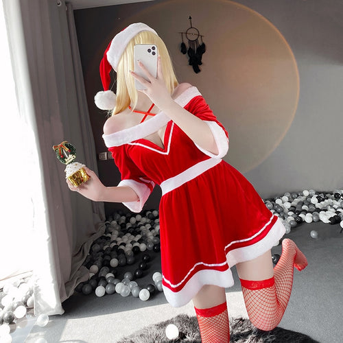 New Christmas Uniform Cosplay Costumes Sexy Red Lingerie Christmas Queen Adorable Dress Hot Erotic Girl Fuzzy Bodysuit For Women