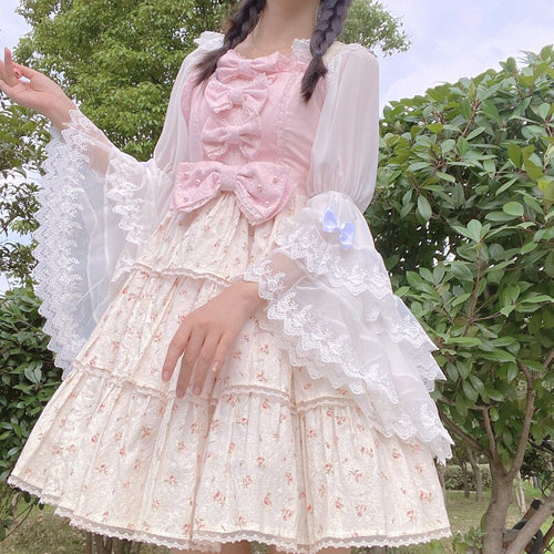 New Elegant Lolita Shirts Bow Decoration Mori Girl Sweet Lace Crop Tops Flare Sleeve Vintage Blouses Spring All Match Women