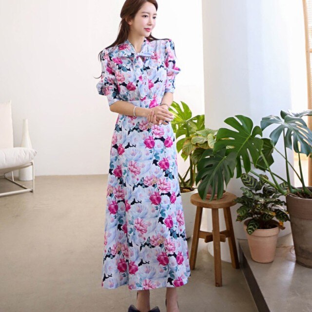 New Fashion 2021 Summer Midi Dress Women's Vintage Puff Sleeve Flowers Printed Bow Tie Elegant Casual Slim Party Dresses Robe
