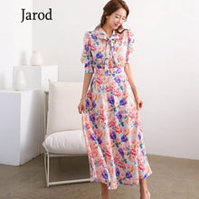 Load image into Gallery viewer, New Fashion 2021 Summer Midi Dress Women&#39;s Vintage Puff Sleeve Flowers Printed Bow Tie Elegant Casual Slim Party Dresses Robe