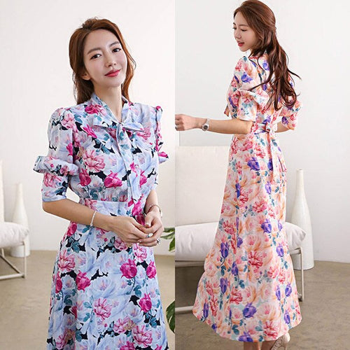 New Fashion 2021 Summer Midi Dress Women's Vintage Puff Sleeve Flowers Printed Bow Tie Elegant Casual Slim Party Dresses Robe