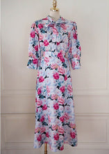 Load image into Gallery viewer, New Fashion 2021 Summer Midi Dress Women&#39;s Vintage Puff Sleeve Flowers Printed Bow Tie Elegant Casual Slim Party Dresses Robe