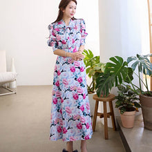 Load image into Gallery viewer, New Fashion 2021 Summer Midi Dress Women&#39;s Vintage Puff Sleeve Flowers Printed Bow Tie Elegant Casual Slim Party Dresses Robe