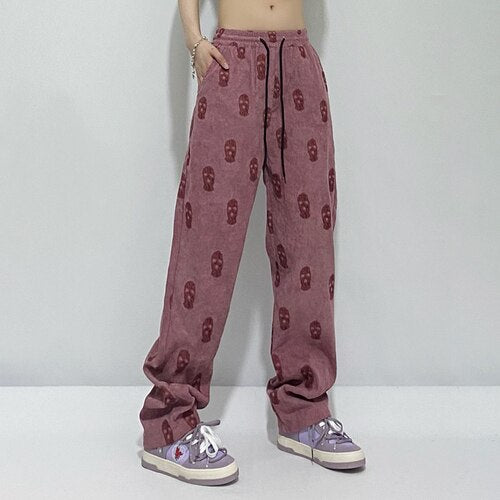 New Fashion Print Corduroy Pants for Women 2022 Elastic Waist Loose Trousers Spring Casual Chic Cool Straight Bottoms