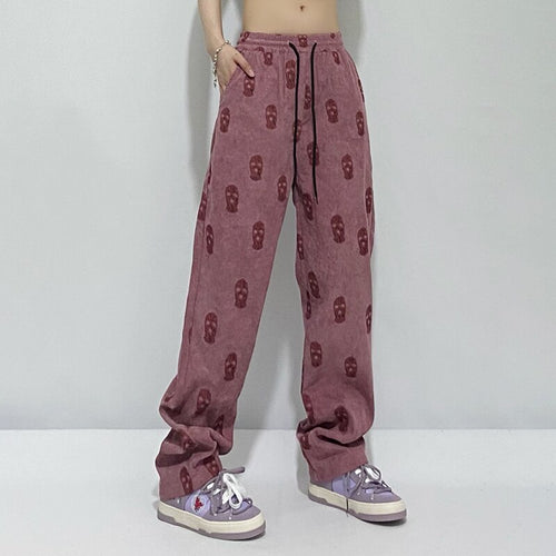 New Fashion Print Corduroy Pants for Women 2022 Elastic Waist Loose Trousers Spring Casual Chic Cool Straight Bottoms