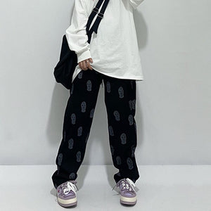 New Fashion Print Corduroy Pants for Women 2022 Elastic Waist Loose Trousers Spring Casual Chic Cool Straight Bottoms