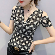 Load image into Gallery viewer, New Fashion Print Short Sleeve Women&#39;s T-Shirt Sexy V-Neck Off The Shoulder Black Mesh Tops Plus Size Female Blusas