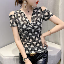 Load image into Gallery viewer, New Fashion Print Short Sleeve Women&#39;s T-Shirt Sexy V-Neck Off The Shoulder Black Mesh Tops Plus Size Female Blusas
