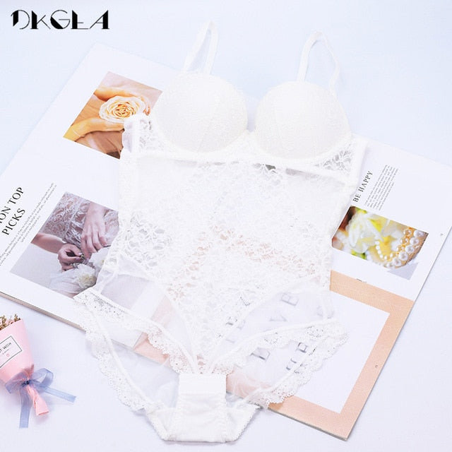 New Fashion Sexy Jumpsuit Transparent Embroidery Women Bodysuit Black Deep V Push Up B C D Cup White Bodysuits Lace Floral Mesh