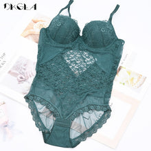 Load image into Gallery viewer, New Fashion Sexy Jumpsuit Transparent Embroidery Women Bodysuit Black Deep V Push Up B C D Cup White Bodysuits Lace Floral Mesh