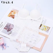 Load image into Gallery viewer, New Fashion Sexy Jumpsuit Transparent Embroidery Women Bodysuit Black Deep V Push Up B C D Cup White Bodysuits Lace Floral Mesh