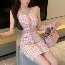 Load image into Gallery viewer, New Fashion Single-breasted Elegant Pencil Knitted Dress Women Summer Slim Sheath Bodycon Dresses Vintage Plaid Vestidos 2021