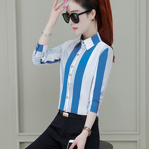 New Fashion Striped Shirts for Women Korean Style Lapel Business Blouse Tops