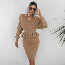 Load image into Gallery viewer, New Fashion Women Skirt Casual 2Pc Outfit Elegant Sexy V-Neck Tops Sweatshirt+Bodycon Skirts Suit Office Ladies Rib Sweater Sets
