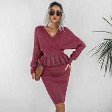 Load image into Gallery viewer, New Fashion Women Skirt Casual 2Pc Outfit Elegant Sexy V-Neck Tops Sweatshirt+Bodycon Skirts Suit Office Ladies Rib Sweater Sets