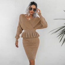 Load image into Gallery viewer, New Fashion Women Skirt Casual 2Pc Outfit Elegant Sexy V-Neck Tops Sweatshirt+Bodycon Skirts Suit Office Ladies Rib Sweater Sets