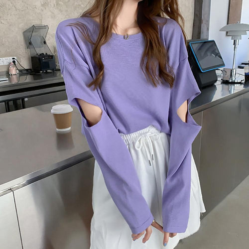 New Fashion Women Tee Shirt  Solid Color Long Sleeve Elbow Hole Hollow Loose T Shirt Top Plus Size 2XL Female Top топ женский