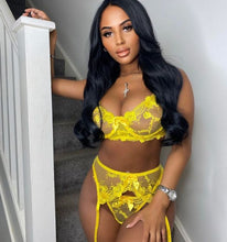 Load image into Gallery viewer, New Floral Embroidery Mesh Lingerie Underwear Set Women&#39;s Lace Gathered Underwire Bow-Knot Bra and Garters Panties 3PCS Set