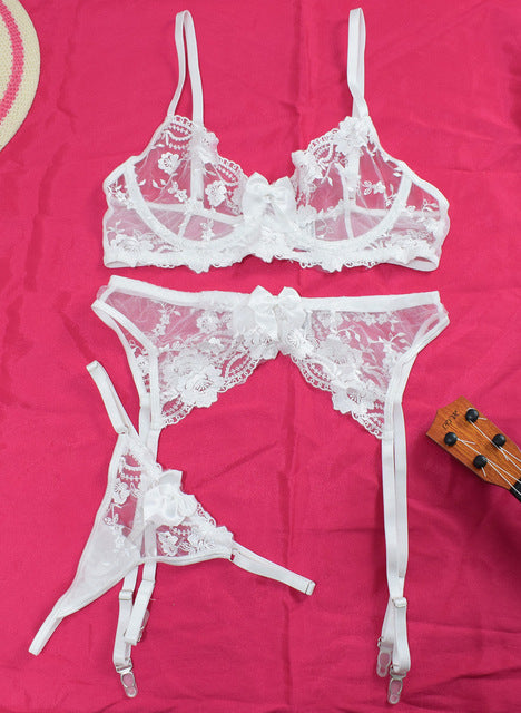 New Floral Embroidery Mesh Lingerie Underwear Set Women's Lace Gathered Underwire Bow-Knot Bra and Garters Panties 3PCS Set