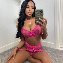 Load image into Gallery viewer, New Floral Embroidery Mesh Lingerie Underwear Set Women&#39;s Lace Gathered Underwire Bow-Knot Bra and Garters Panties 3PCS Set
