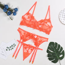 Load image into Gallery viewer, New Floral Embroidery Mesh Lingerie Underwear Set Women&#39;s Lace Gathered Underwire Bow-Knot Bra and Garters Panties 3PCS Set