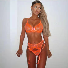 Load image into Gallery viewer, New Floral Embroidery Mesh Lingerie Underwear Set Women&#39;s Lace Gathered Underwire Bow-Knot Bra and Garters Panties 3PCS Set