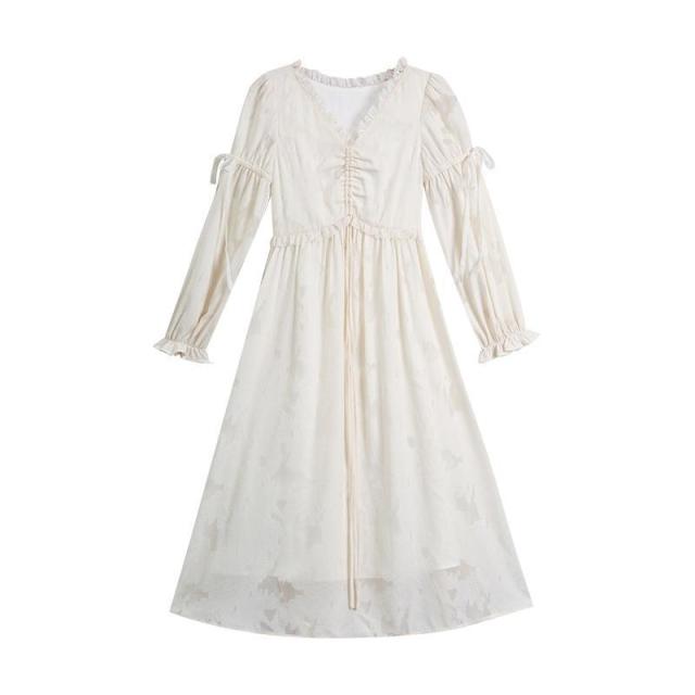 New French Retro Gentle Super Fairy Sweet Spring Autumn Women Dress High-end French Lace Dresses Apricot  Color