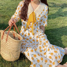 Load image into Gallery viewer, New French Retro Summer Doll Collar Playful Cute Orange Print Dress Female Gentle Elegant Ulzzang College Leisure Picnic Summer