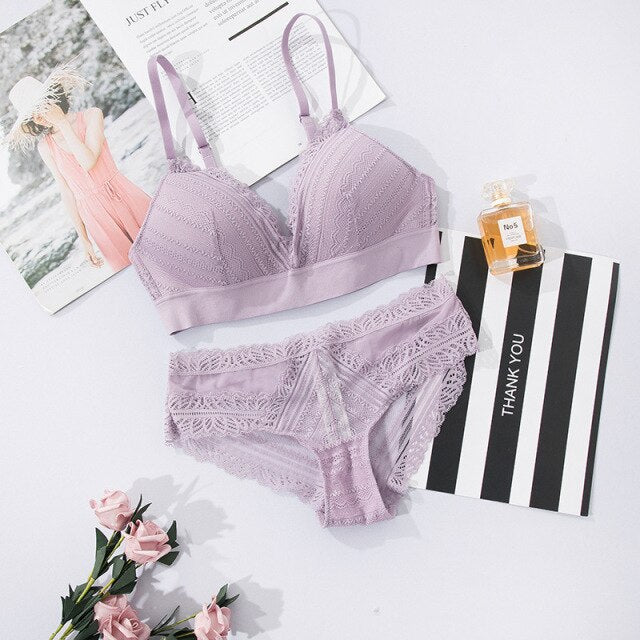 New French Romantic Lace Bra Set Women's Wide-sided Thin Cotton Bra Sexy Lingerie Girl Without Steel Ring Gather Underwear Set