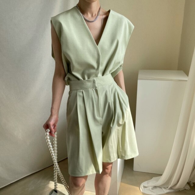 New Girls Spring Women Suits Sleeveless Vest High Waist Solid Shorts Womens Two Piece Suits Sell Separately Oversize