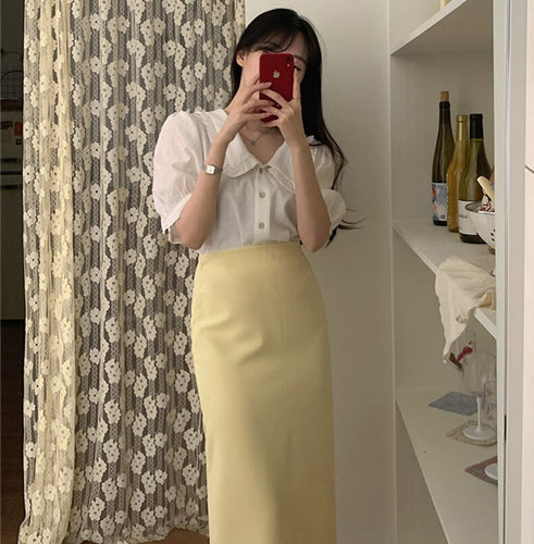 New Girls Summer Blouse Women Suit Shirt Short Sleeves Tops High Waist Long Solid A Line Skirts Two Piece Suits Sell Separately