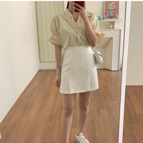 New Girls Summer Blouse Women Suit Shirt Short Sleeves Tops High Waist Long Solid A Line Skirts Two Piece Suits Sell Separately